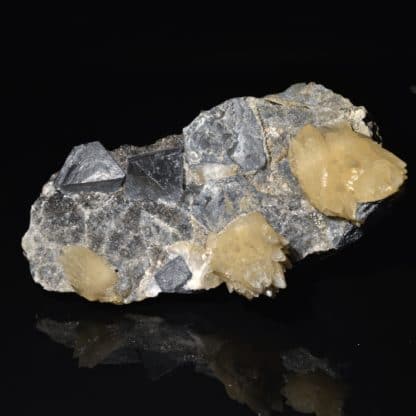 Cristaux de calcite sur octaèdres de galène, mine de Planioles, Lot.