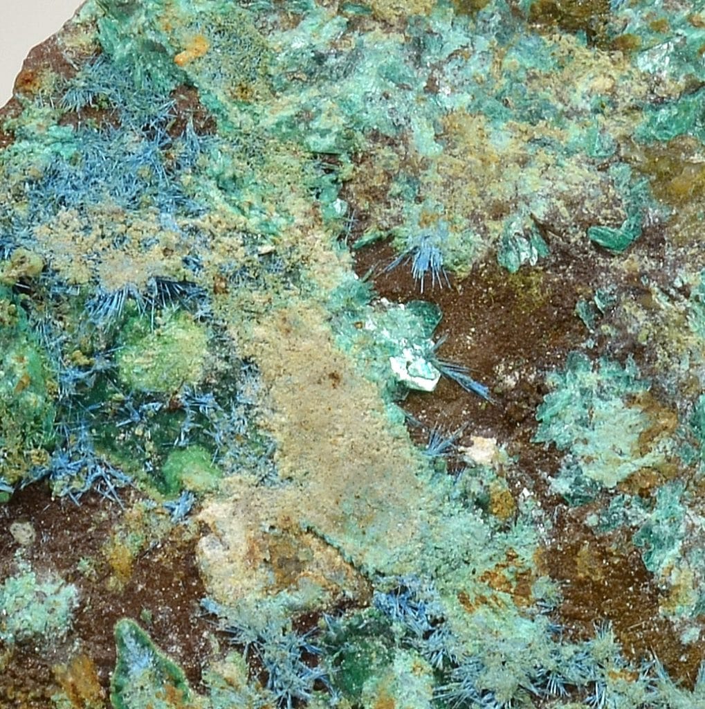 Chalcopyllite, parnauite, cyanotrichite, mine de Cap Garonne, Le Pradet, Var.