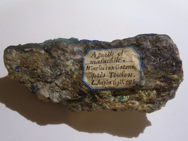 Azurite et Malachite, spécimen de 1903, mine de cap Garonne, Var.