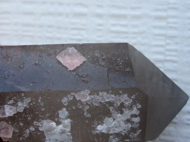 Cristaux de fluorite rose sur quartz fumé, Chamonix, Haute-Savoie.