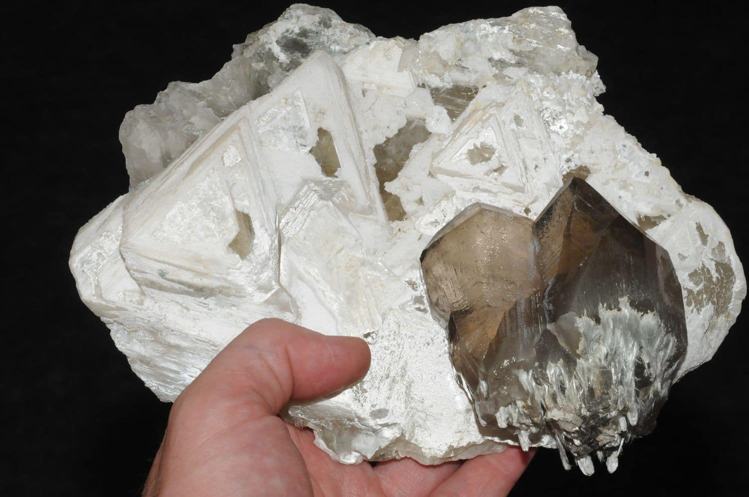 Quartz fumé sur calcite, du Massif du Mont-Blanc à Chamonix (Haute-Savoie).