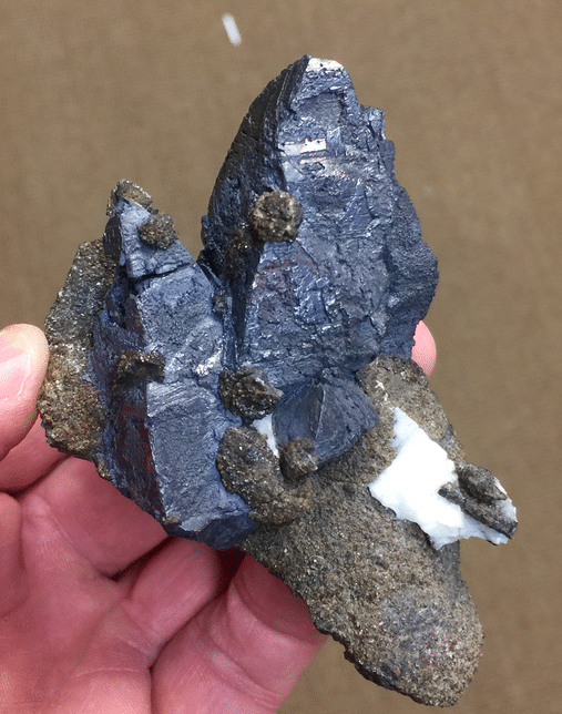 Galène en cristaux octaédriques aigus sur sphalérite de la mine de Planioles (Lot).