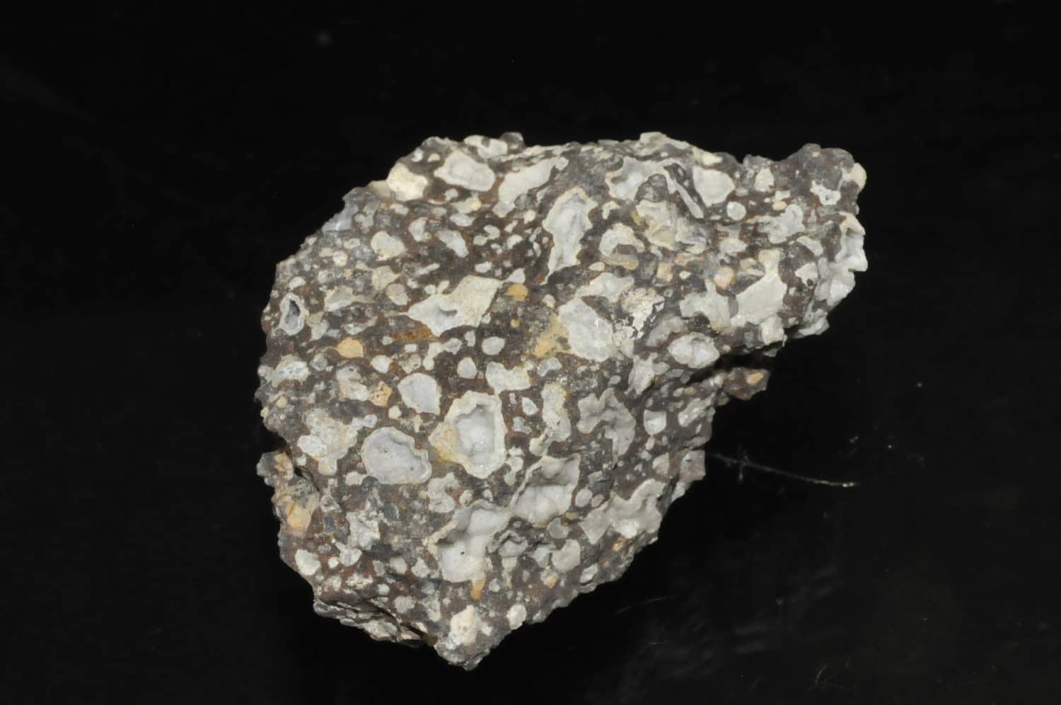 Roche volcanique avec de multiples géodes remplies de cristaux de gonnardite.