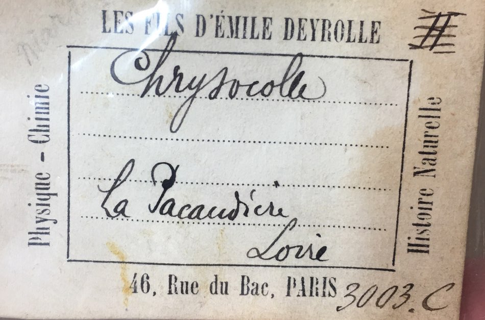 Chrysocolle de la mine de La Pacaudière, étiquette Vésignié.