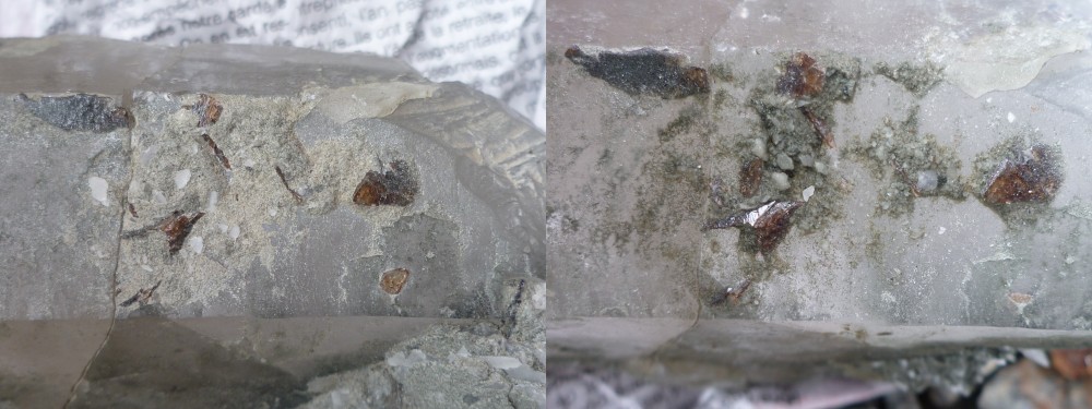 Nettoyage d'un cristal de quartz de Petit Mars avec cristaux de titanite.
