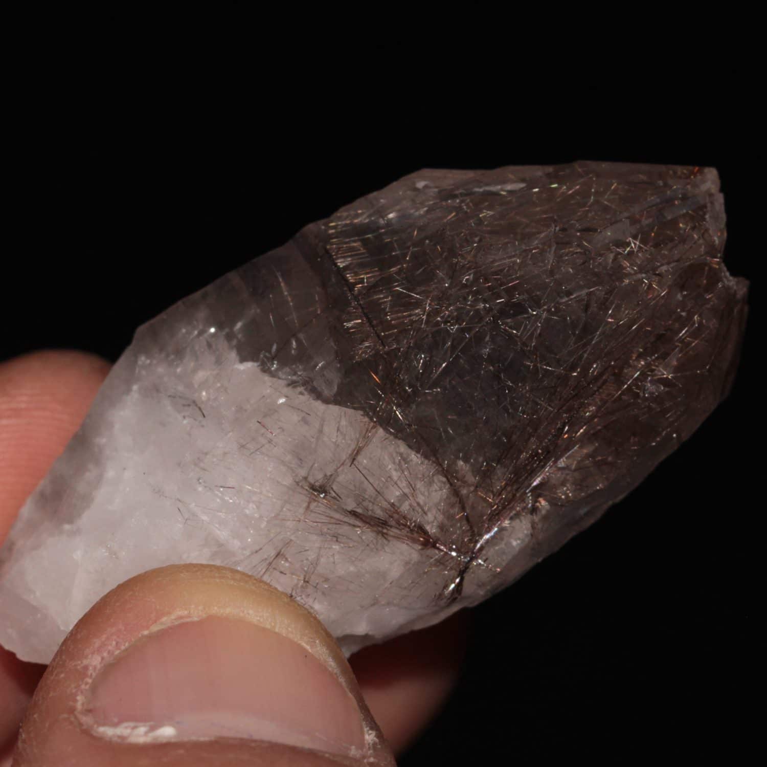 Cristal flottant de quartz fumé associé à la dravite, massif de La Lauzière (Savoie)