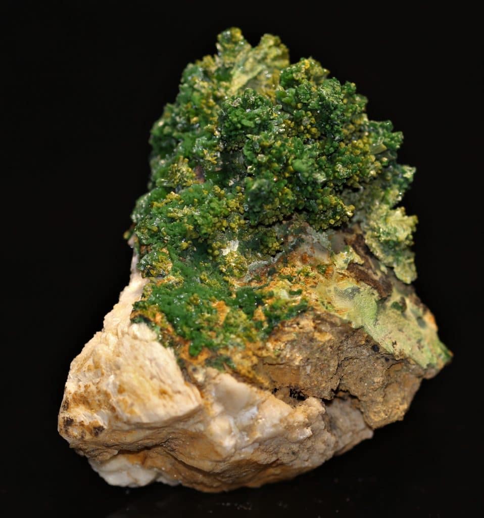 Pyromorphite verte en cristaux sur gangue de la mine des Farges (Corrèze).