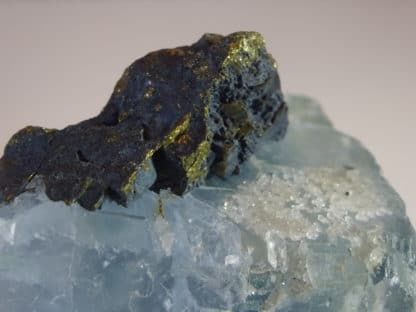 Chalcopyrite et quartz sur fluorine bleue, mine du Burc, Le Burg, Tarn.