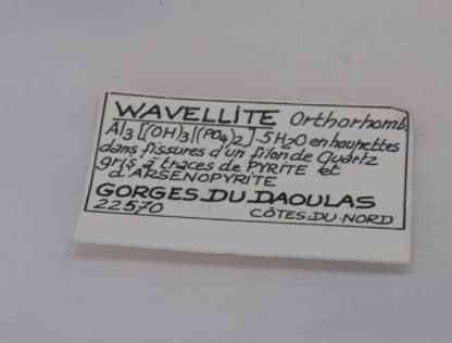 Wavellite, Pyrite et Arsénopyrite , Gorges du Daoulas, Cotes-d’Armor, Bretagne.