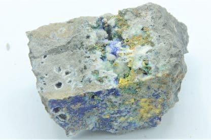 Azurite, Bindheimite, Tétraédrite, Arsénopyrite et Malachite, Le Mas Dieu, Gard.