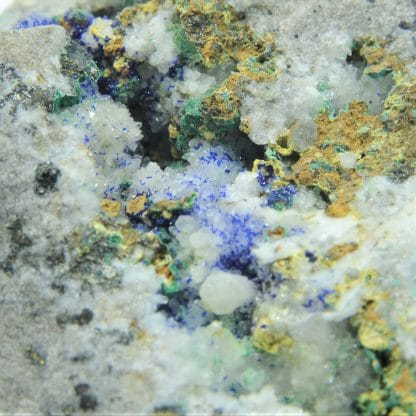 Azurite, Bindheimite, Tétraédrite, Arsénopyrite et Malachite, Le Mas Dieu, Gard.