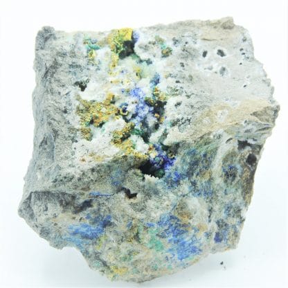 Azurite, Bindheimite, Tétraédrite, Arsénopyrite et Malachite, Le Mas Dieu, Gard.