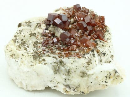 Cristaux de Vanadinite sur baryte, district de Mibladen, Maroc.