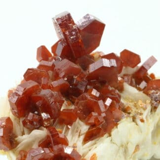 Cristaux de Vanadinite sur baryte, district de Mibladen, Maroc.