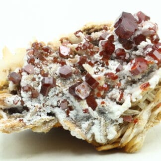 Vanadinite et gypse sur baryte, Mibladen, Maroc.