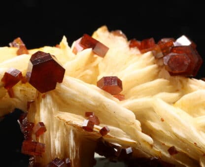 Vanadinite rouge sur baryte crêtée, Mibladen, Maroc.