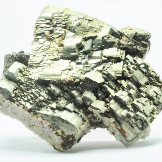 Cristaux de Pyrite en briquets et Calcite, Mine de La Niccioleta, Toscane, Italie.