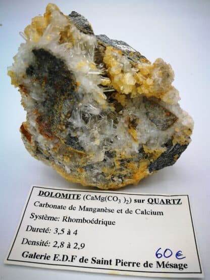 Dolomite sur Quartz, galerie Fontfraîche, Saint-Pierre-de-Mésage, Isère.