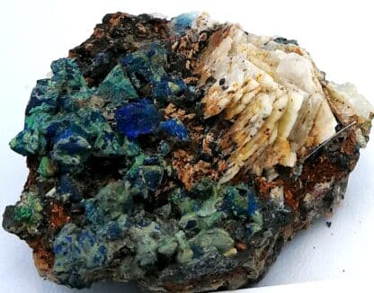 Tétraédrite, azurite, Malachite sur baryte, Le Loiras, Hérault.