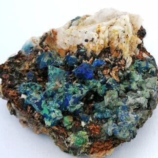 Tétraédrite, azurite, Malachite sur baryte, Le Loiras, Hérault.