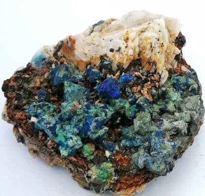 Tétraédrite, azurite, Malachite sur baryte, Le Loiras, Hérault.