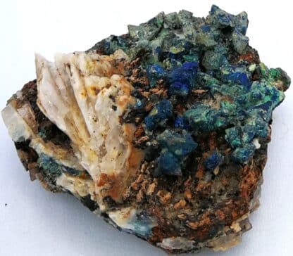 Tétraédrite, azurite, Malachite sur baryte, Le Loiras, Hérault.