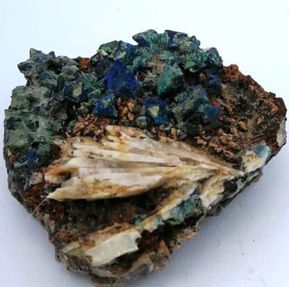 Tétraédrite, azurite, Malachite sur baryte, Le Loiras, Hérault.