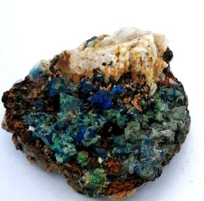 Tétraédrite, azurite, Malachite sur baryte, Le Loiras, Hérault.