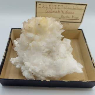 Un beau spécimen d’aragonite. Une première génération botyoïdale à l’aspect saccharoïde partiellement recouverte d’une seconde génération en aiguilles brillantes et parfaitement gemmes. Spécimen étiqueté « calcite » des Hautes-Alpes sans plus de précisions. Ex-Deyrolle avec boite et étiquette d’origine.