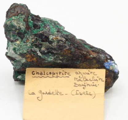 Chalcopyrite, malachite, azurite, baryte, La Gardette, Oisans.