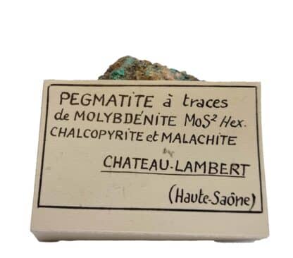 Molybdénite, Chalcopyrite et Malachite, Chateau-Lambert, Haute-Saône.