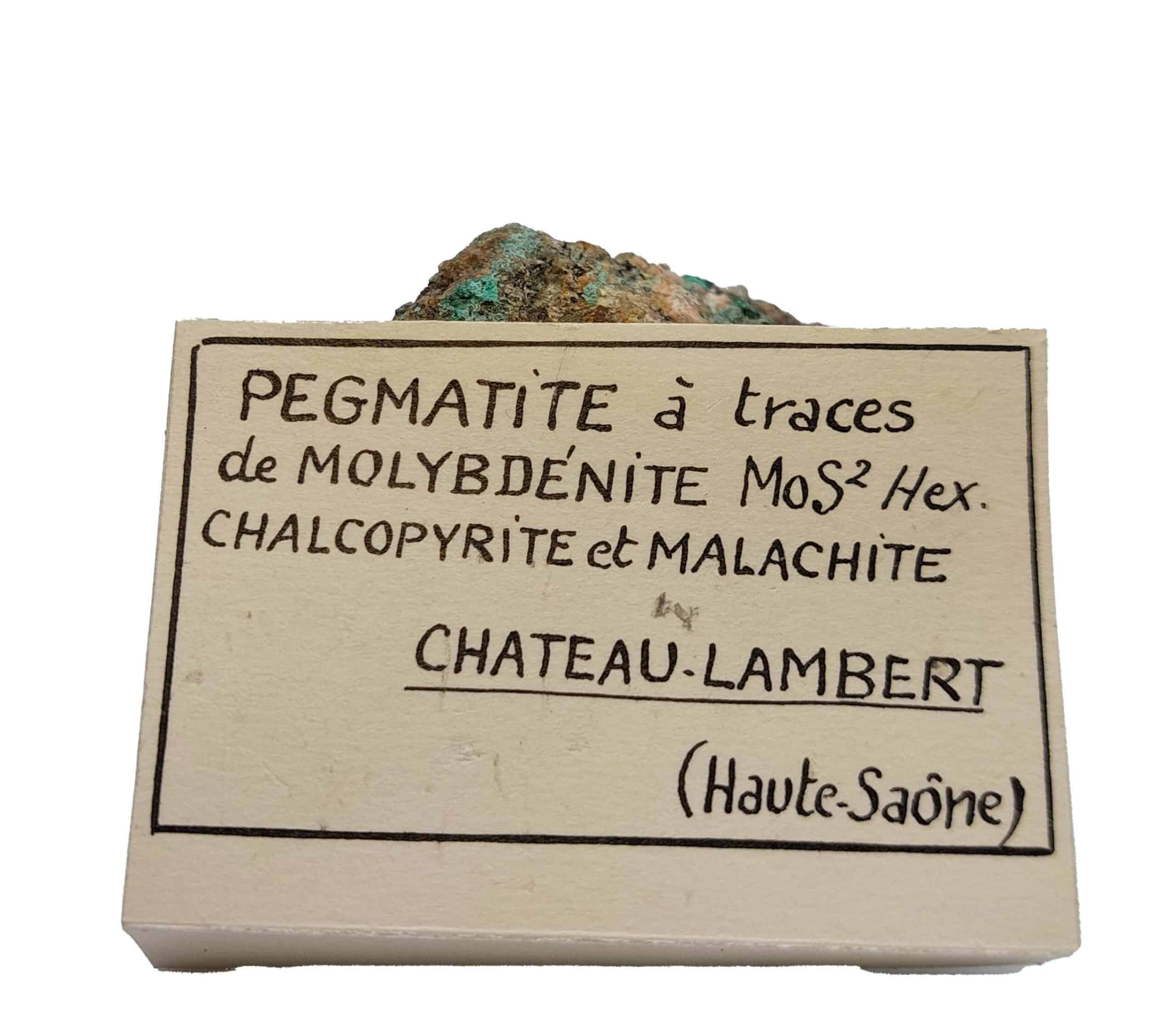 Molybdénite, Chalcopyrite et Malachite, Chateau-Lambert, Haute-Saône.