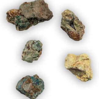 Lot de Smithsonite, Bindheimite, Rosasite, Bournonite et Malachite, La Sanguinède, Montdardier, Gard.