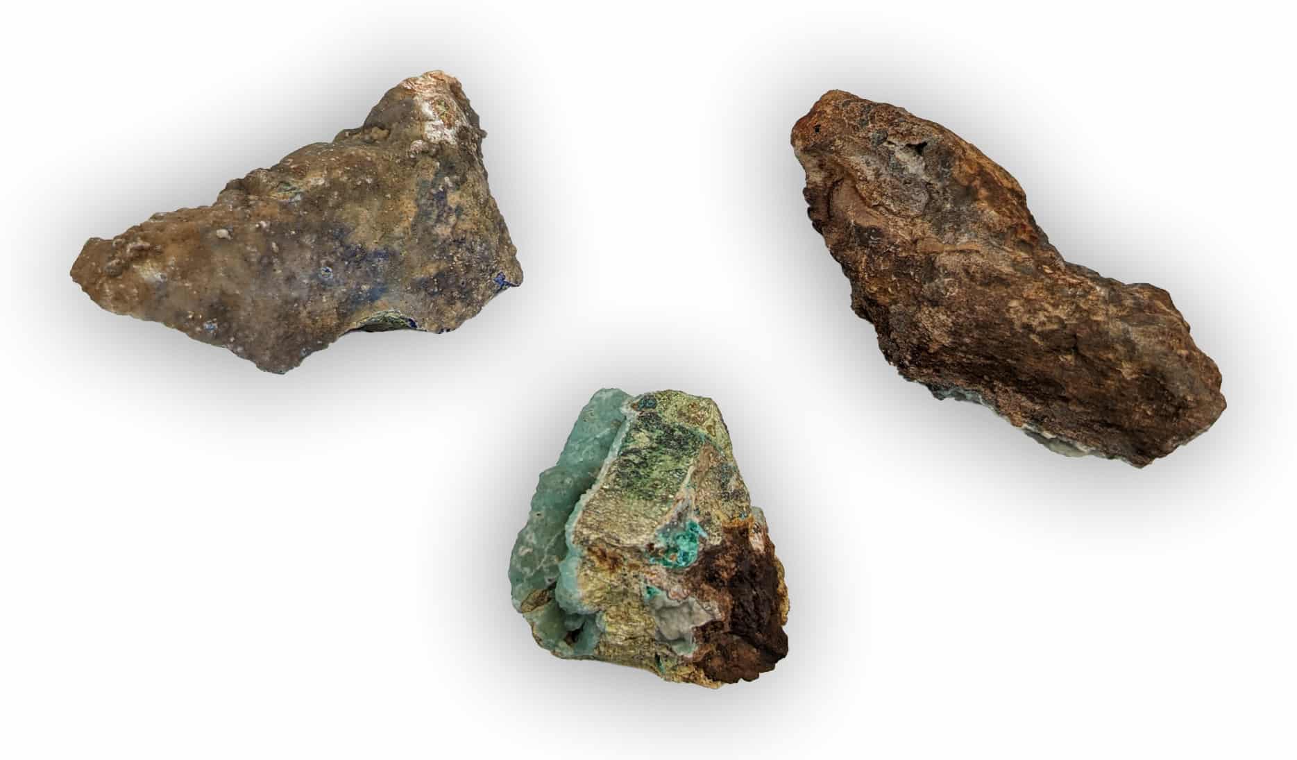 Lot de Blende, Cérusite, Smithsonite, Malachite et Azurite, La Sanguinède, Montdardier, Gard.