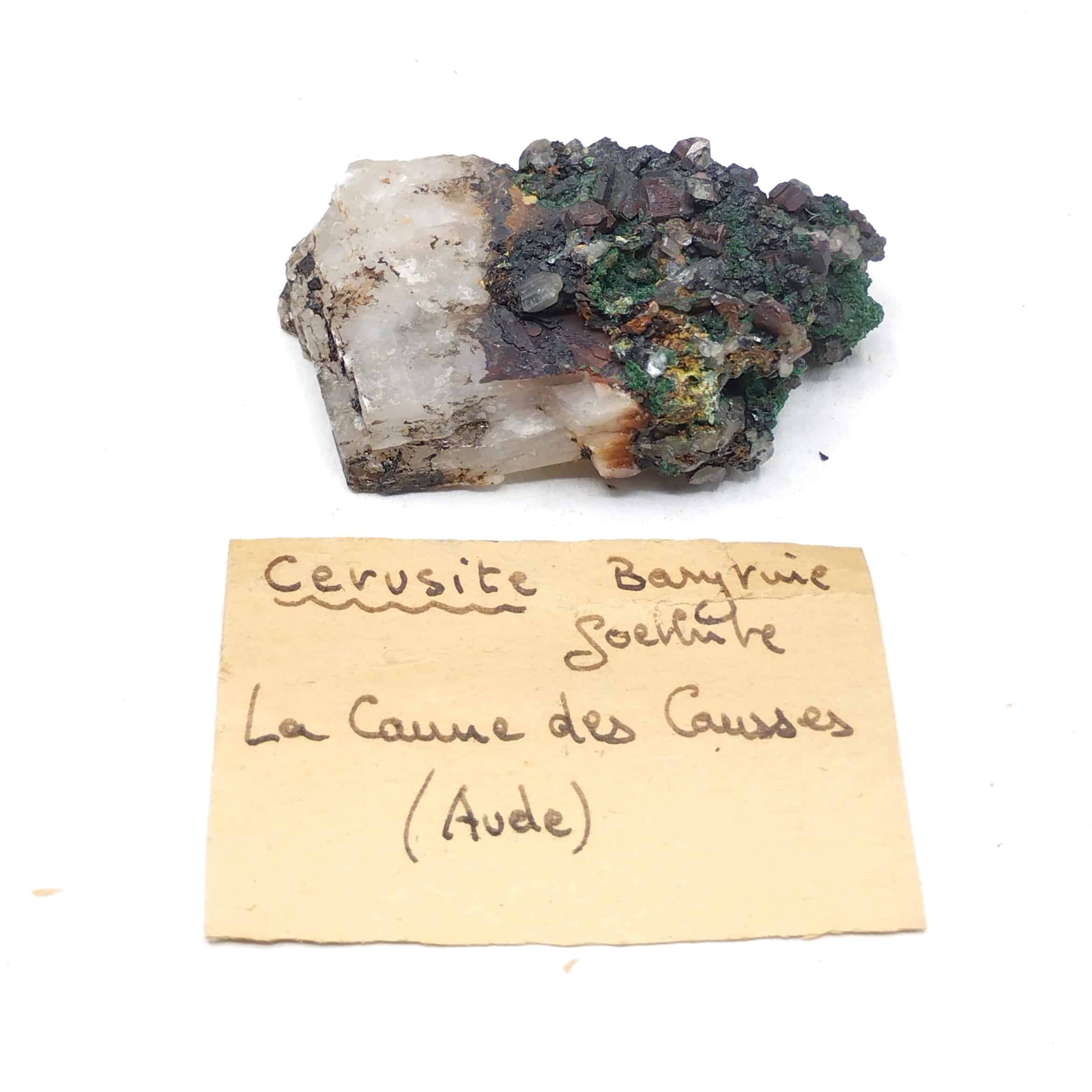 Cérusite et Malachite sur Baryte, La Caune des Causses, Palairac, Aude.