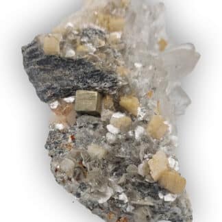 Quartz, Ankérite, Muscovite et Pyrite « collée », Obergestein, Valais, Suisse.