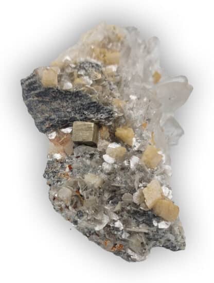 Quartz, Ankérite, Muscovite et Pyrite « collée », Obergestein, Valais, Suisse.
