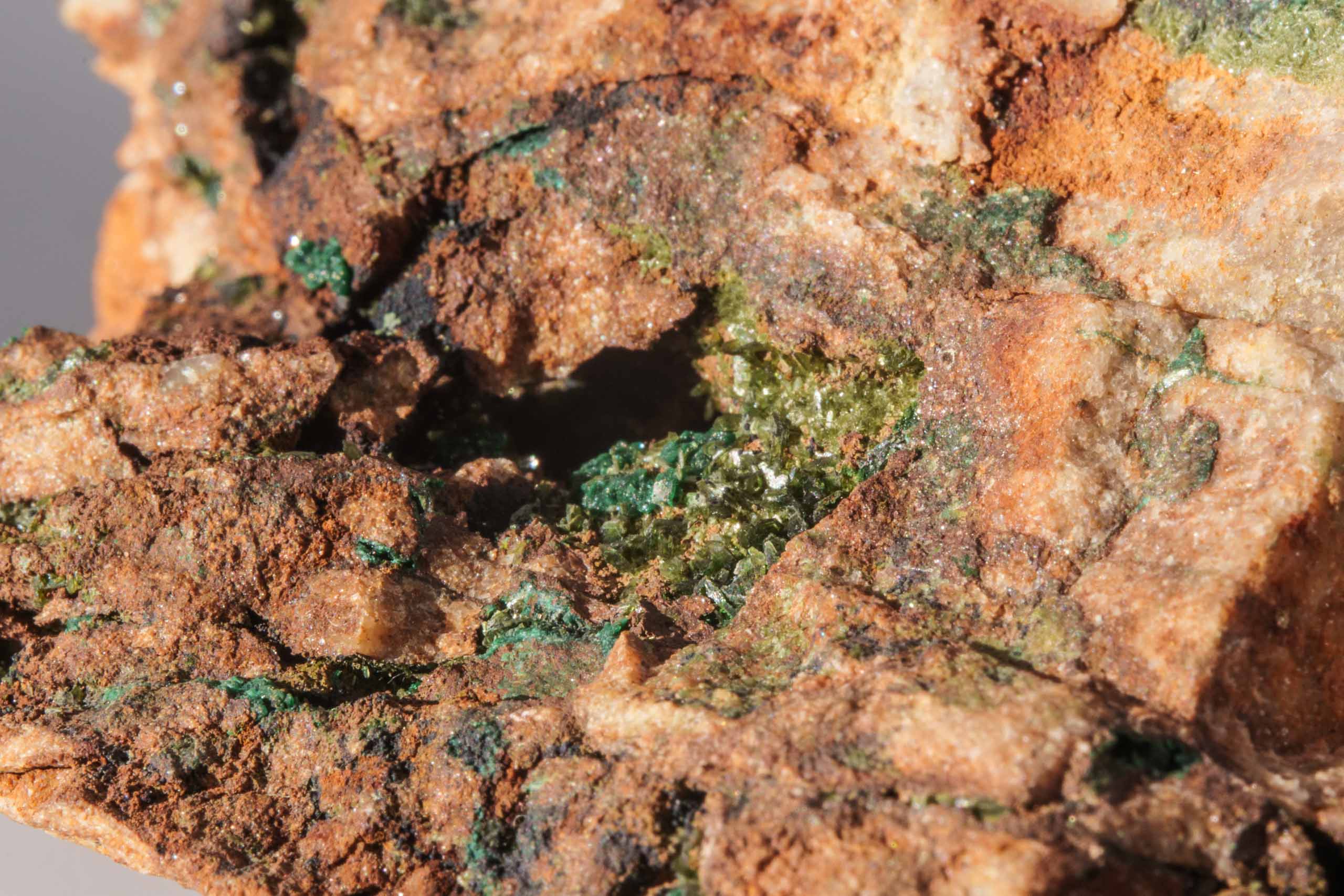 Olivénite, Malachite et Lampadite, Mine de Cap Garonne, Le Pradet, Var.