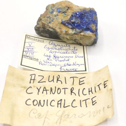 Azurite, Cyanotrichite & Conichalcite, Cap Garonne, Var.