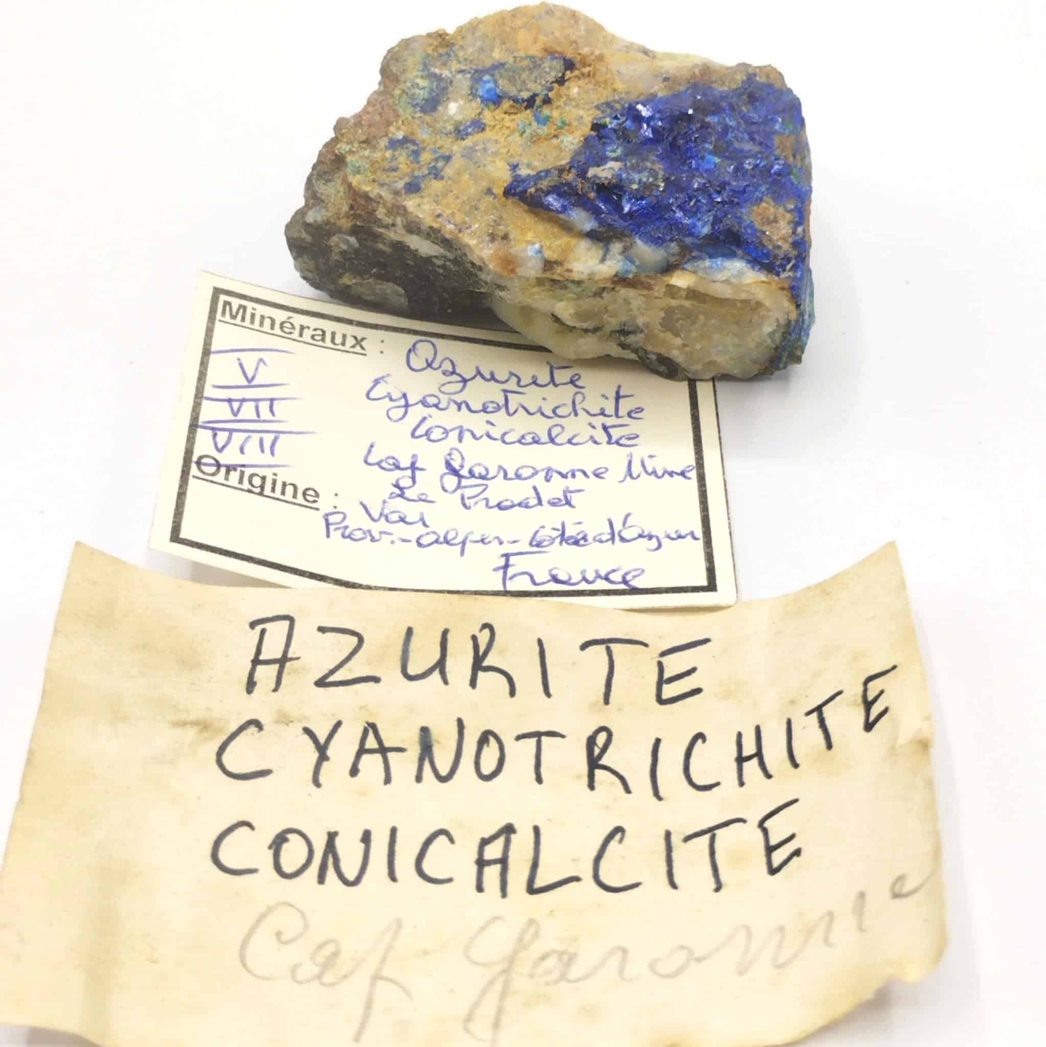Azurite, Cyanotrichite & Conichalcite, Cap Garonne, Var.