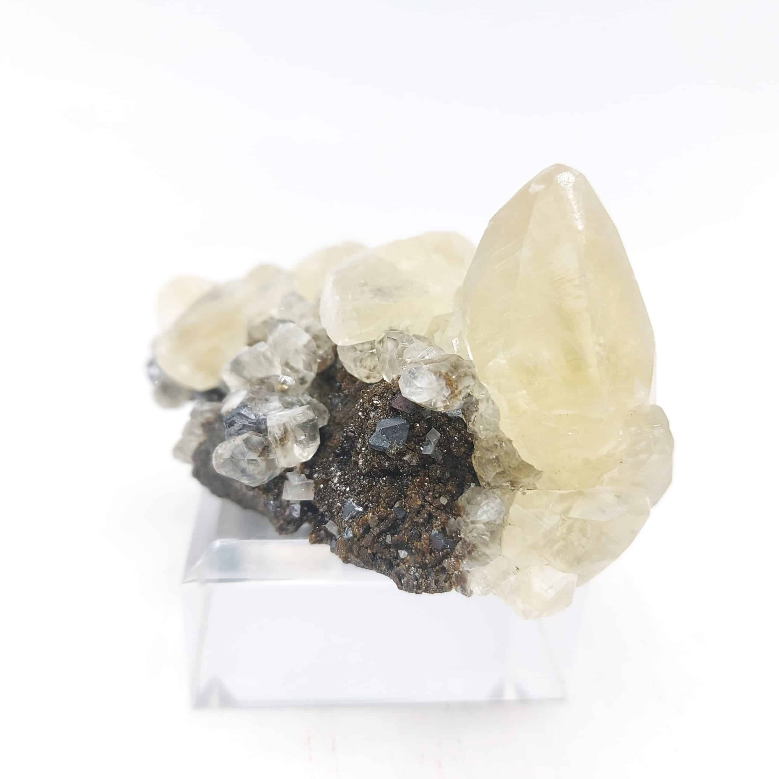 Calcite sur Sphalérite (blende), mine de Trèves, Gard.