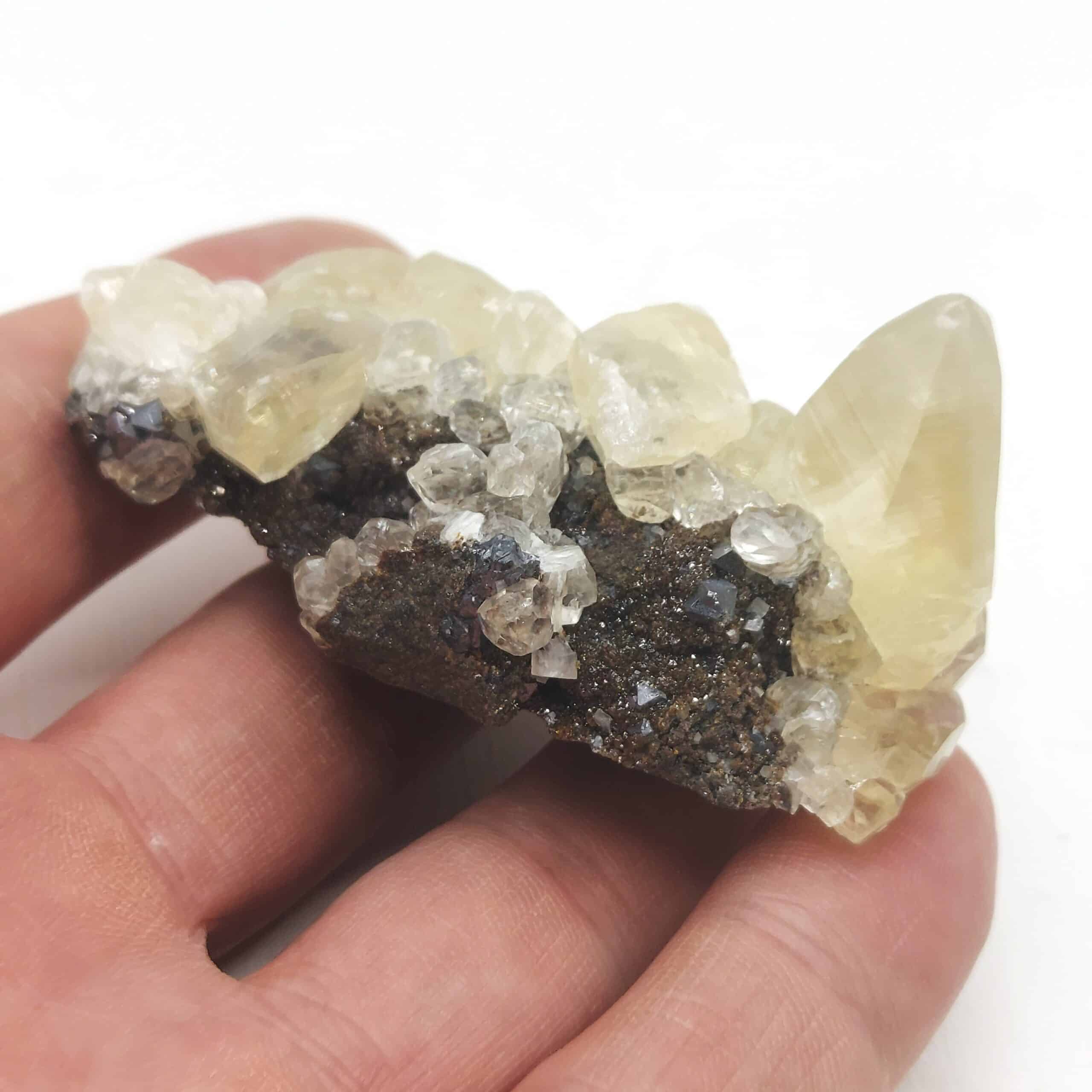 Calcite sur Sphalérite (blende), mine de Trèves, Gard.